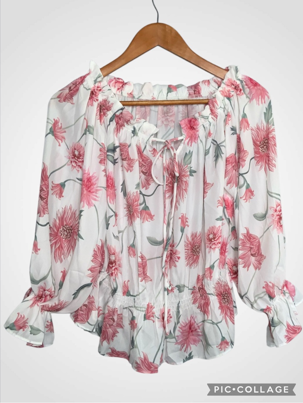Floral Off-Shoulder Peasant Blouse - White & Pink Floral Medium